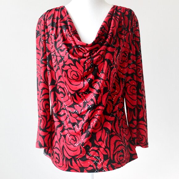 NWT Prelude Red Black Floral Rose Pattern Long Sleeve Cowl Neck Blouse Medium - Picture 1 of 9